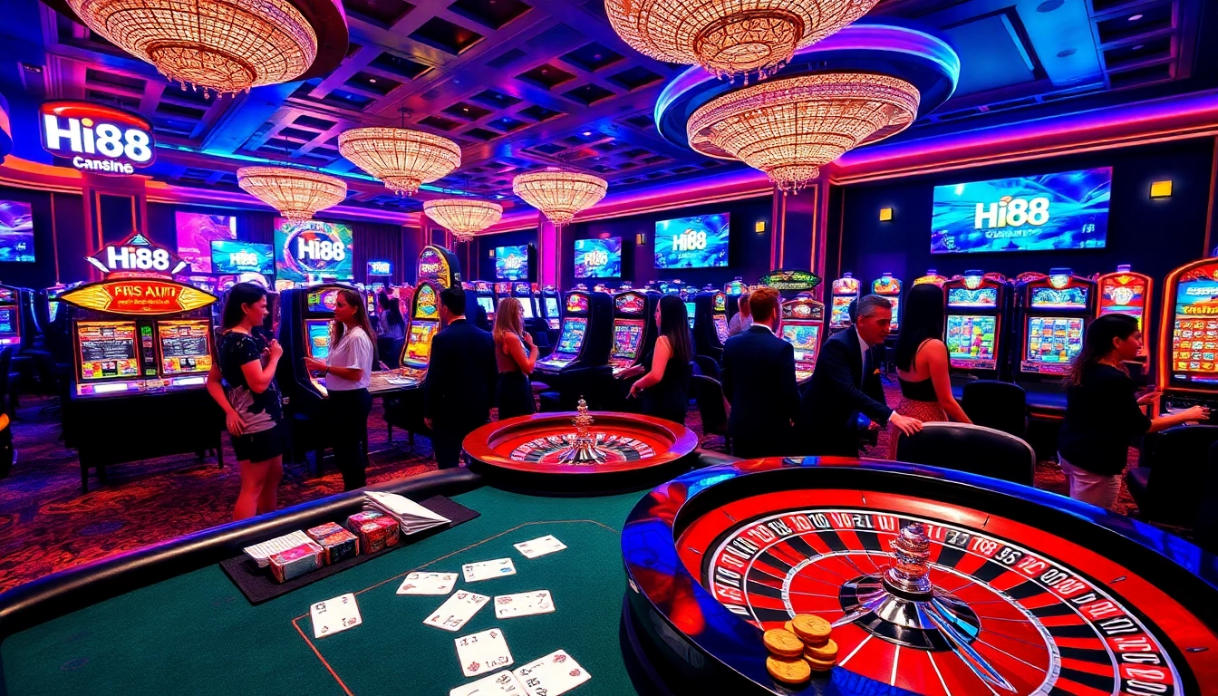 Exciting gaming scene at Hi88 featuring poker, roulette, and vibrant slot machines.