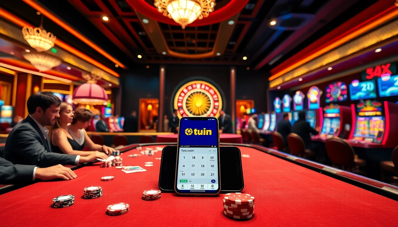 Experience 'tải sun win' in an exciting casino scene with poker chips, a roulette wheel, and slot machines.