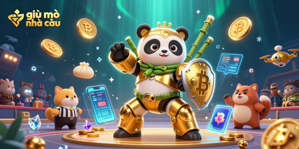 Experience the thrill of giải mã nhà cái with a dynamic 3D illustration of a panda pilot and enticing crypto elements.