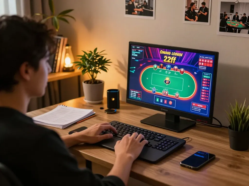 Player engaging in intense online poker gaming at 22ff platform while managing chips and strategies.