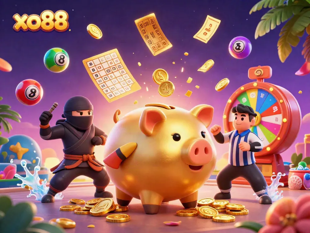 Experience exciting gameplay at xo88 with a golden piggy bank sumo wrestler surrounded by jackpots and vibrant game elements.