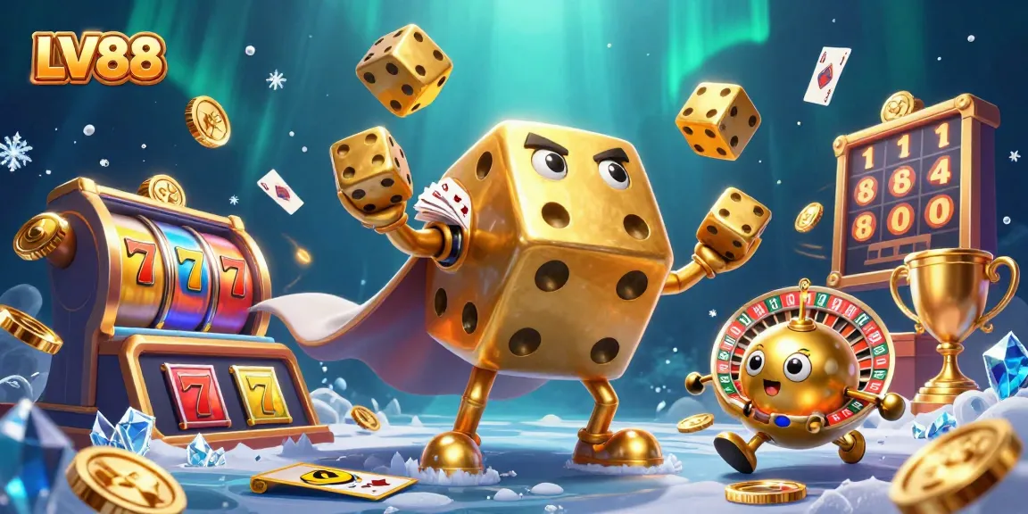 Experience the thrill of gaming at LV88 with a golden dice golem juggling and slot elements.