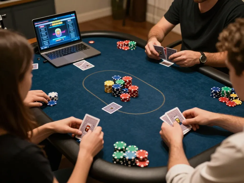 Engaging online poker action at home with 559X, showcasing players' hands and chips