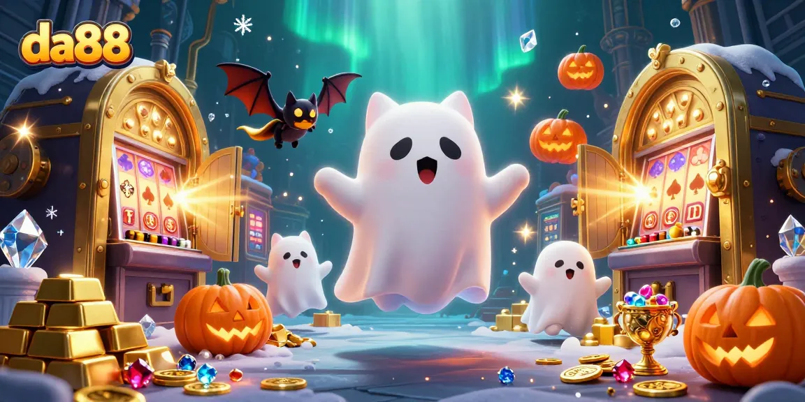 Experience the da88 adventure with a ghost cat in a haunted casino, surrounded by treasures and jackpot excitement.