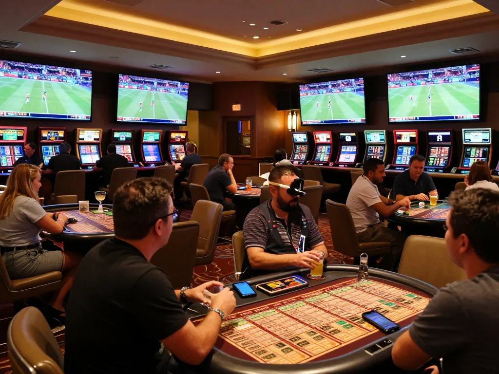Excited patrons engaging in sports betting at XX88's modern lounge with live screens and warm ambiance.