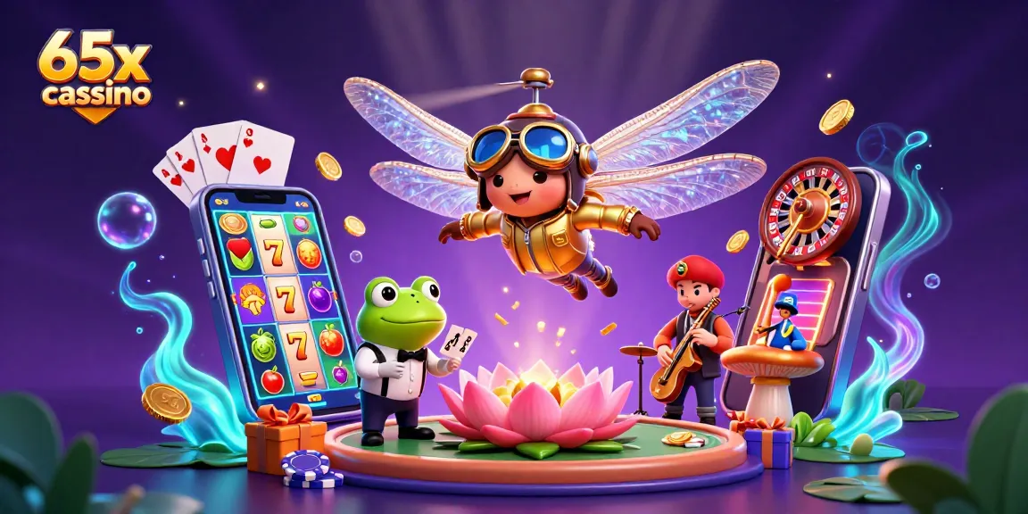 Jogue e ganhe no 65x cassino com slots e jogos vibrantes em uma cena animada do cassino.