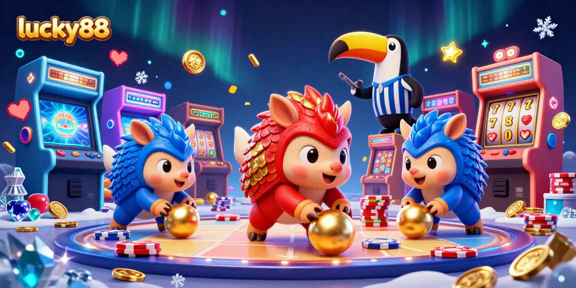 Engage with lucky88's exciting gaming experience featuring animated pangolins and vibrant casino elements.