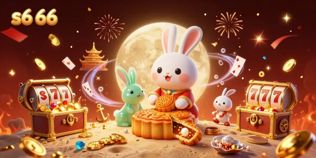 Capture the excitement of s6 66 with vibrant 3D casino elements showcasing a dynamic scene with a moon rabbit.