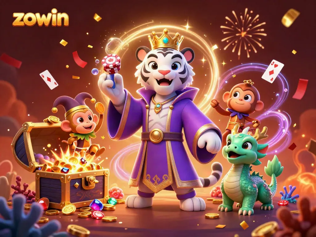 Zowin's exciting casino adventures with vibrant characters and thrilling game elements in a festive scene.
