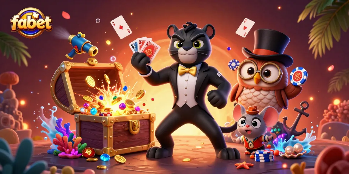 Experience thrilling card games with fabet's 3D illustration showcasing a tuxedoed panther dealer and vibrant casino elements.