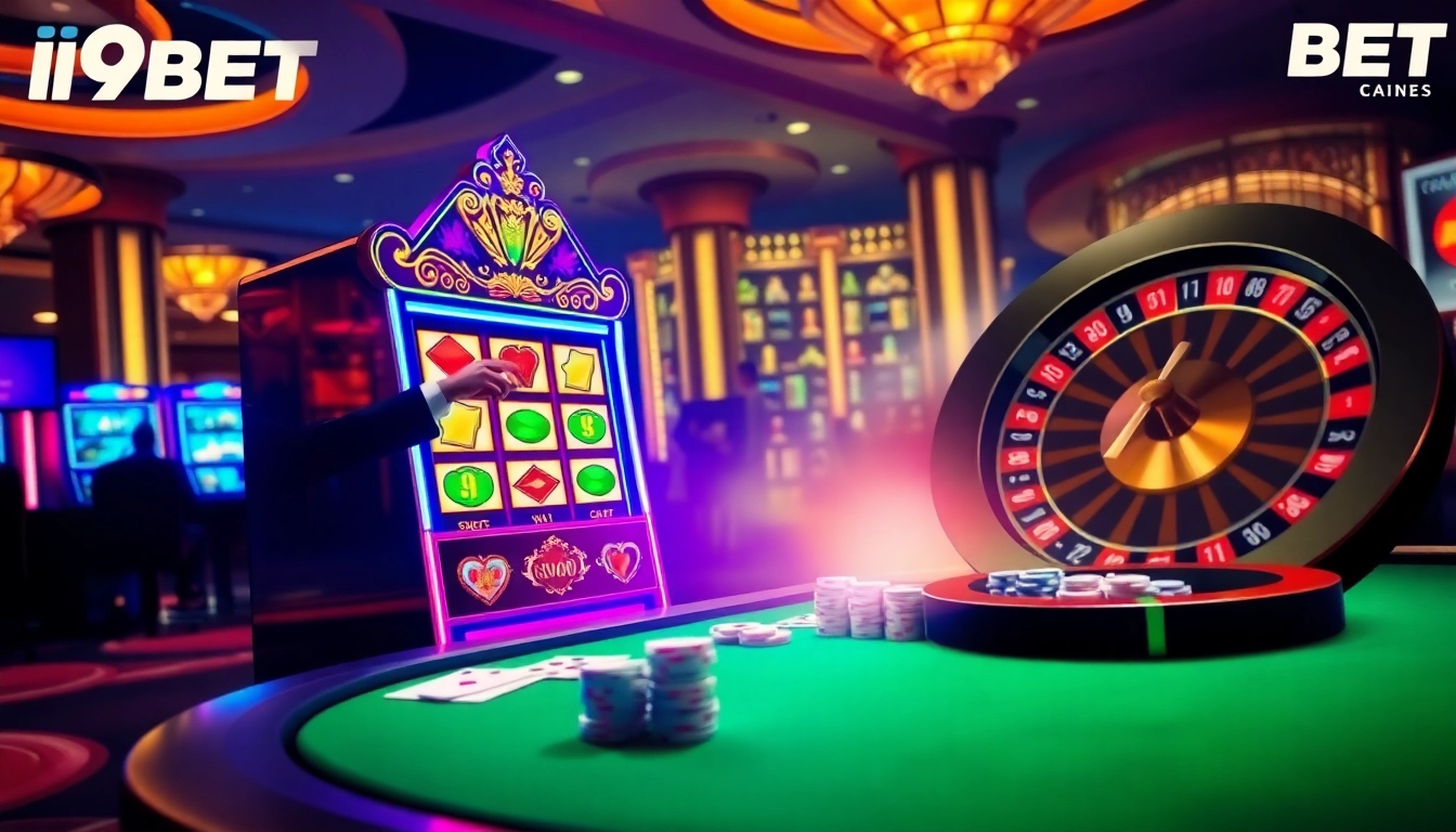 I9BET offers an exciting casino experience with a vibrant slot machine and poker table.