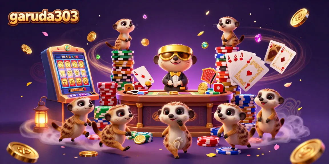Join the fun at garuda303 with meerkats enjoying slot games and cascading coins!