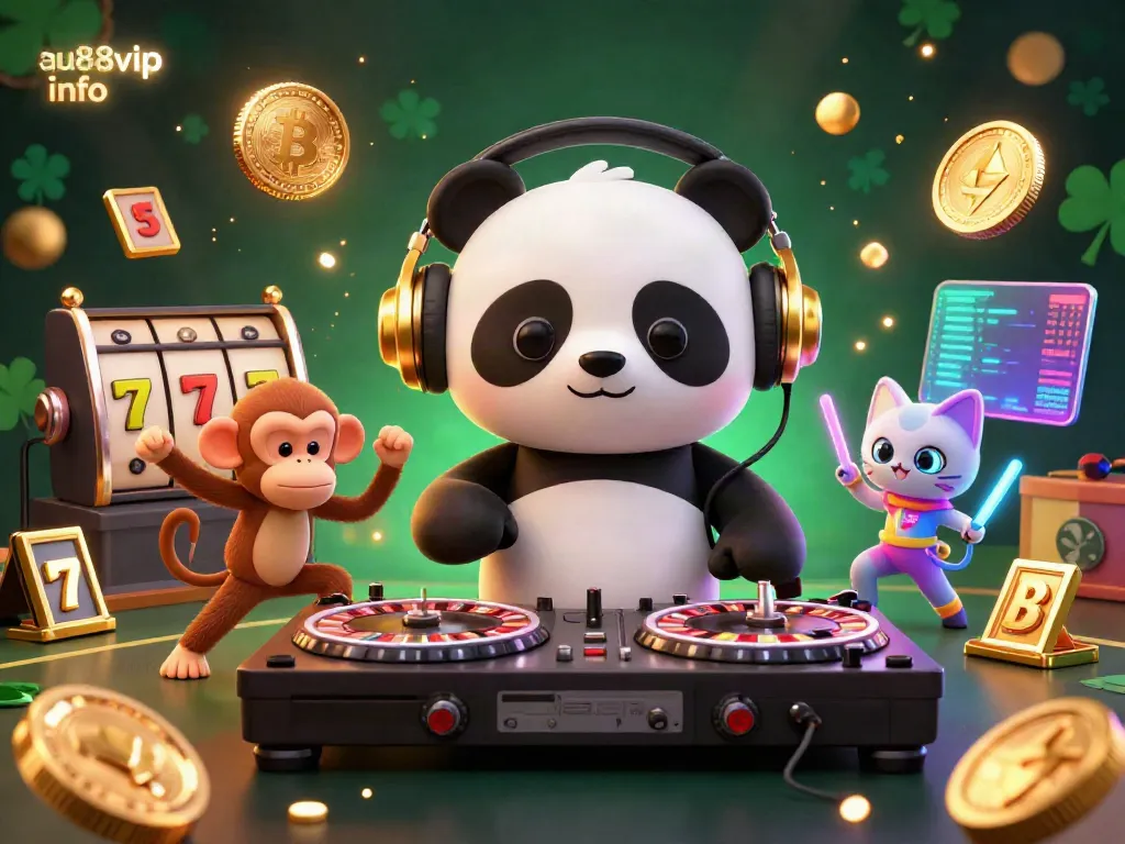 Engage with exciting games at au88vip info, featuring a DJ panda and vibrant gambling motifs in a dynamic casino scene.