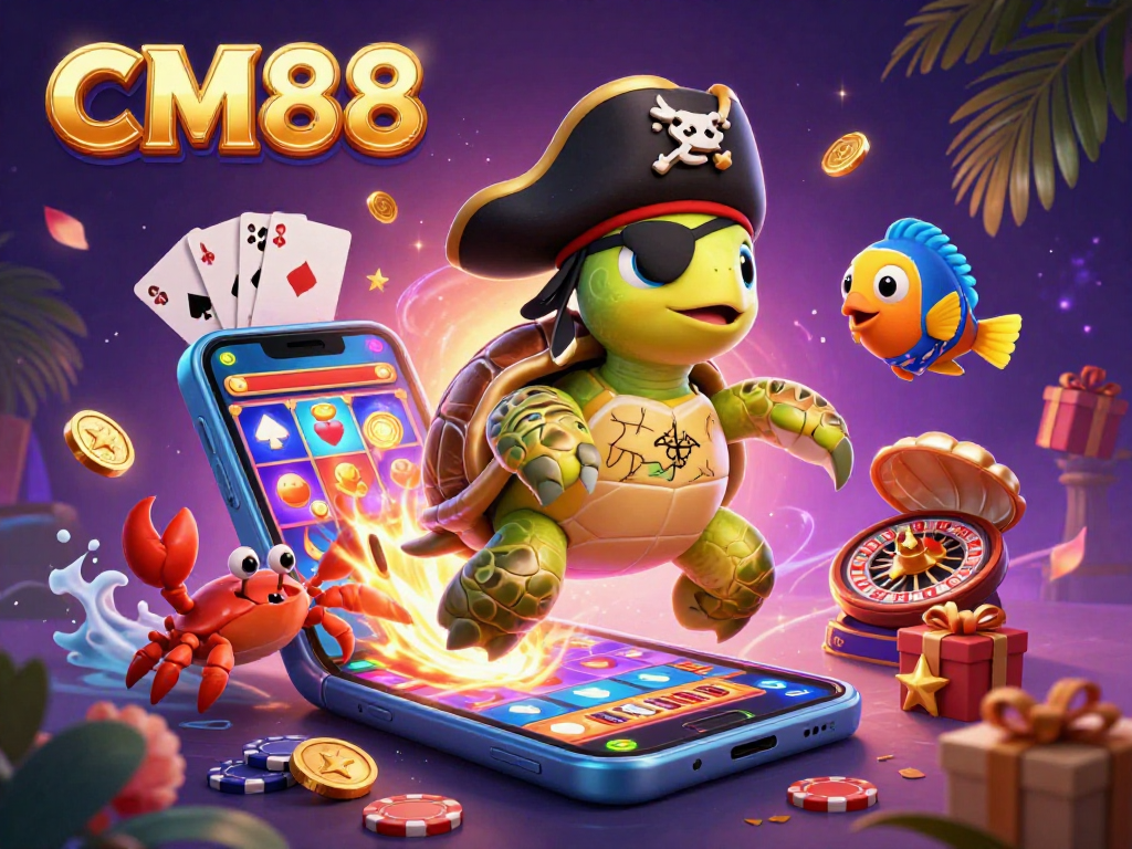 CM88 showcases a pirate turtle and friends amidst vibrant casino elements, highlighting dynamic slot gaming action.