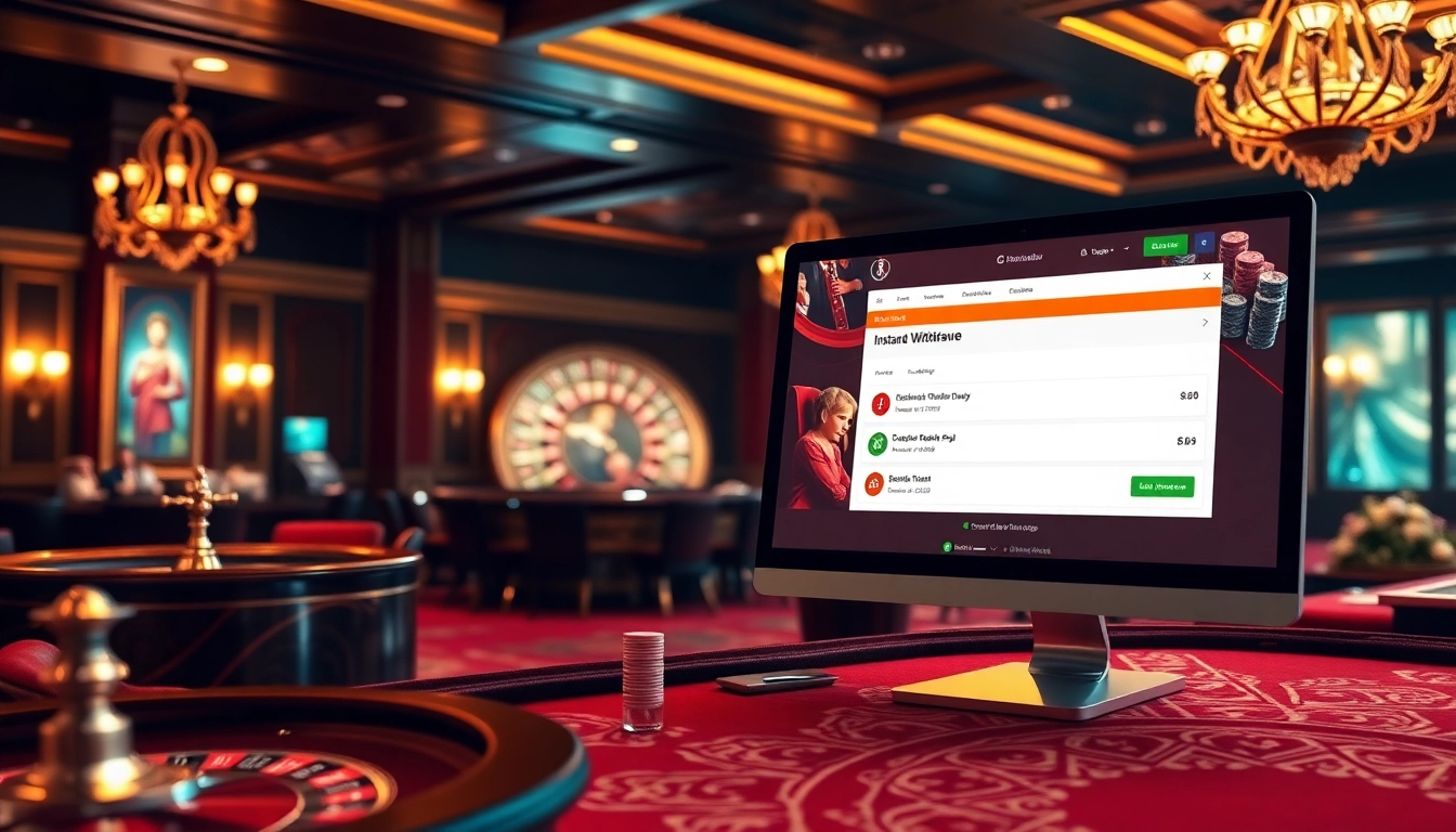 Uma cena vibrante de cassino ilustrando cassino com retirada via Pix com mesas e uma interface online.