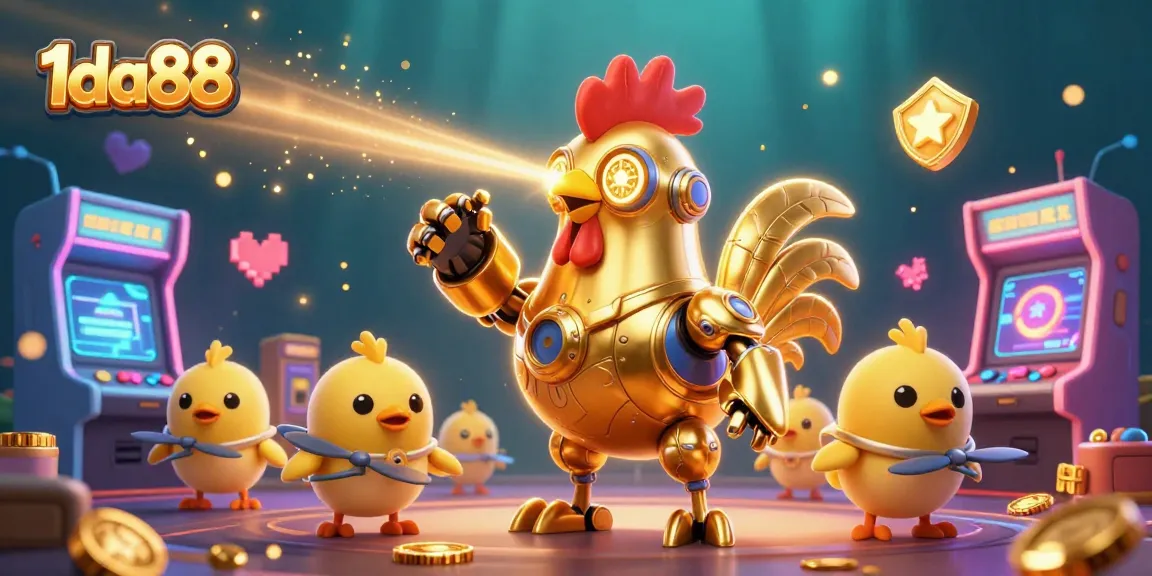 Engage the excitement at 1da88 with a vibrant 3D gaming scene featuring a retro-futuristic rooster robot.
