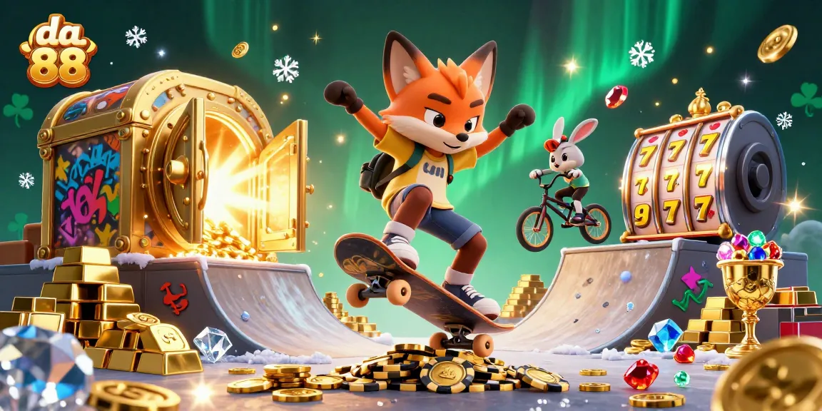 Join the excitement of da 88 with a skateboarder fox and BMX rabbit in a rich casino scene.