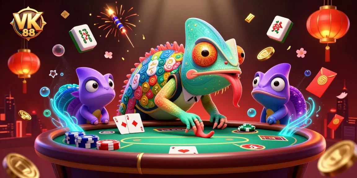 Engage with Roger the Chameleon at VK 88 poker table, surrounded by vibrant casino elements.