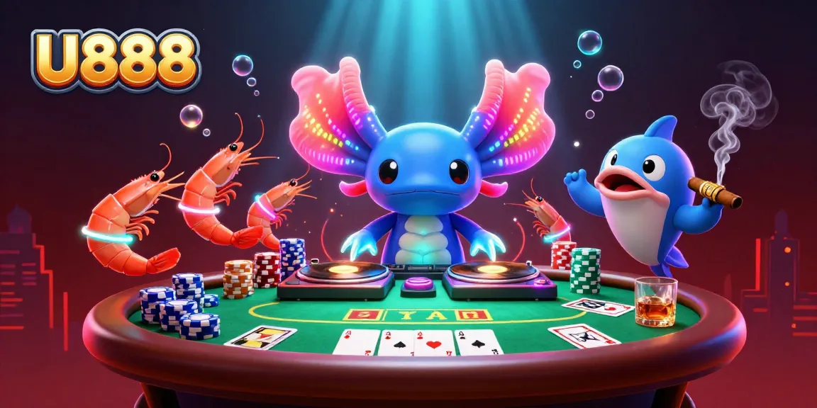 Experience U888's vibrant casino atmosphere with a dynamic axolotl DJ and gambling excitement.
