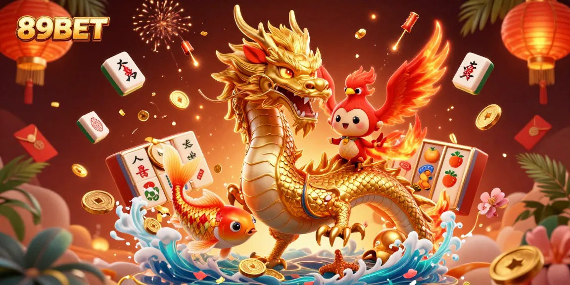 Experience the thrilling action at 89BET with a vibrant 3D illustration of a dragon and phoenix, symbolizing fortune and excitement.