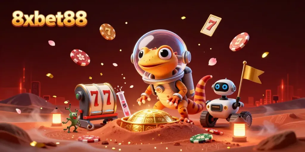 Win big with 8xbet88 in a vibrant 3D casino scene featuring a Martian gecko and lucky symbols.