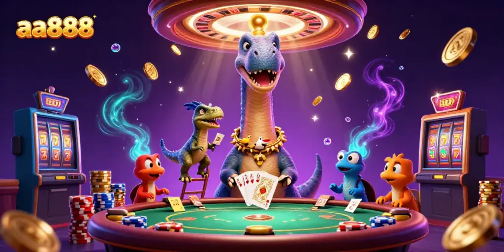 Experience the excitement of aa888 casino with a tall brontosaurus and clever raptor in a dynamic gaming scene.