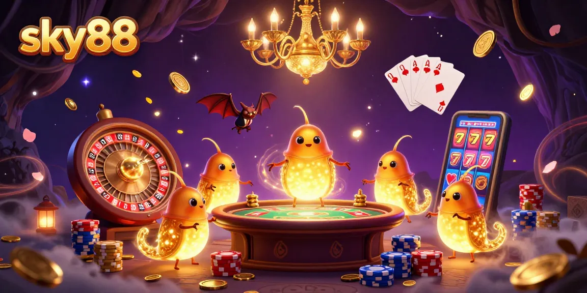 Engage with sky88 as glowworms light up a magical casino scene with game elements.