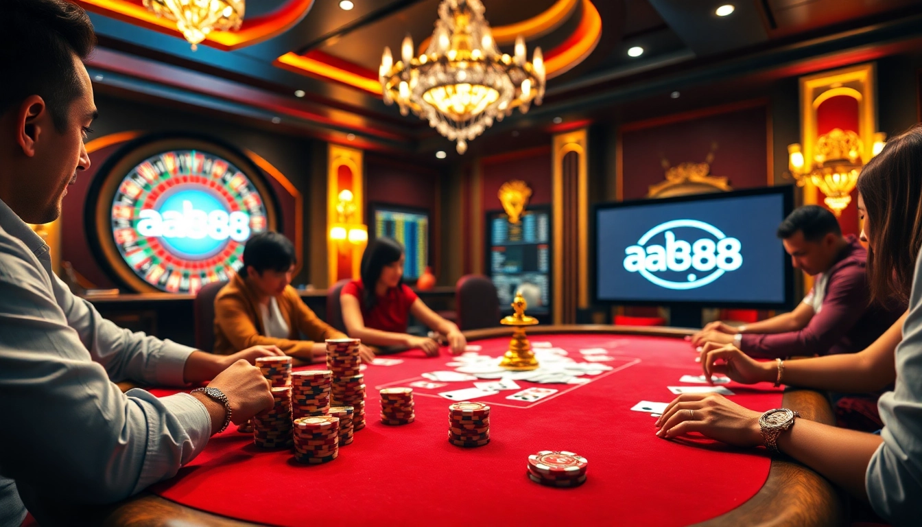 Jogadores participando de uma mesa de pôquer em um cassino de alto padrão, exibindo a interface de jogo online da aa888.