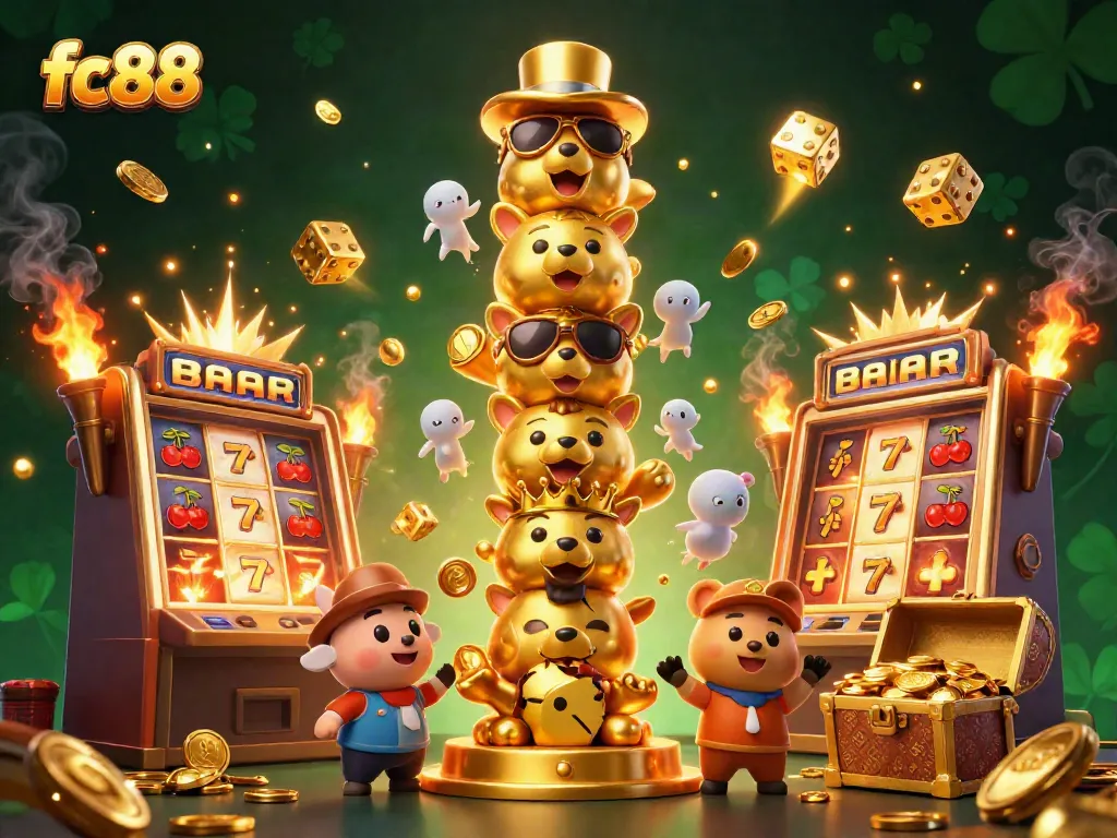 Experience the thrill of fc88 with a vibrant 3D casino illustration featuring a lively totem pole and dynamic game elements.