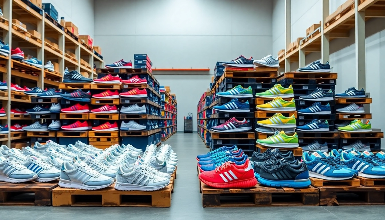 Showcasing Best Adidas Shoe Pallets with 100 pairs organized in a vibrant warehouse.