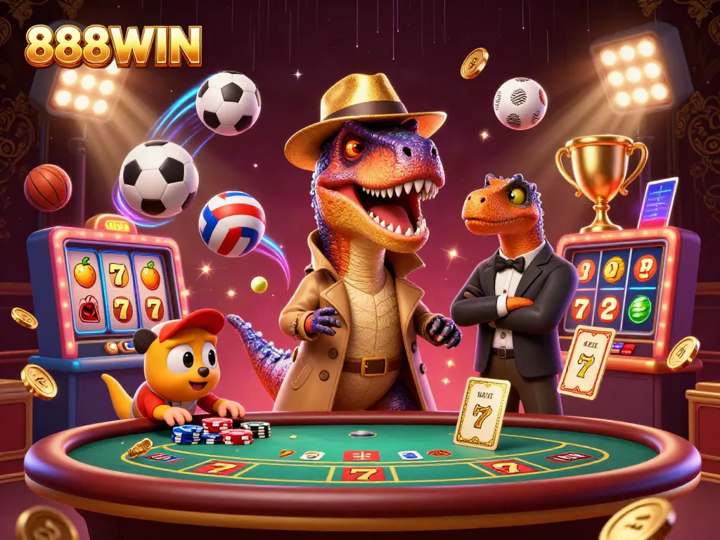 Engage with thrilling 888WIN gaming adventures at a vibrant casino scene blending characters and dynamic elements.