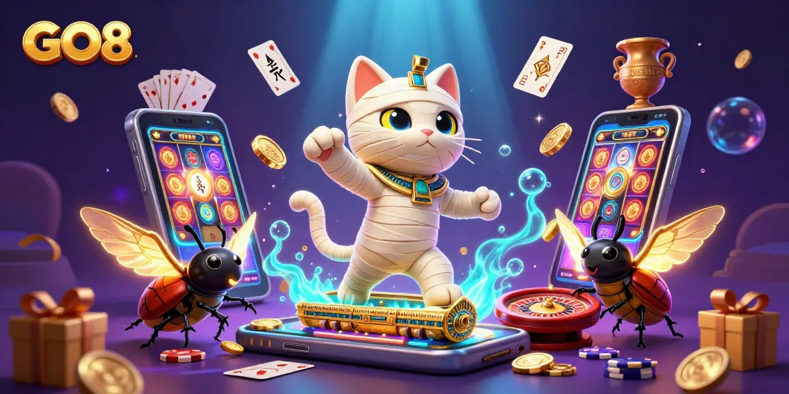 Join the GO8 Egyptian mummy cat in a vibrant casino scene filled with slots and treasures.