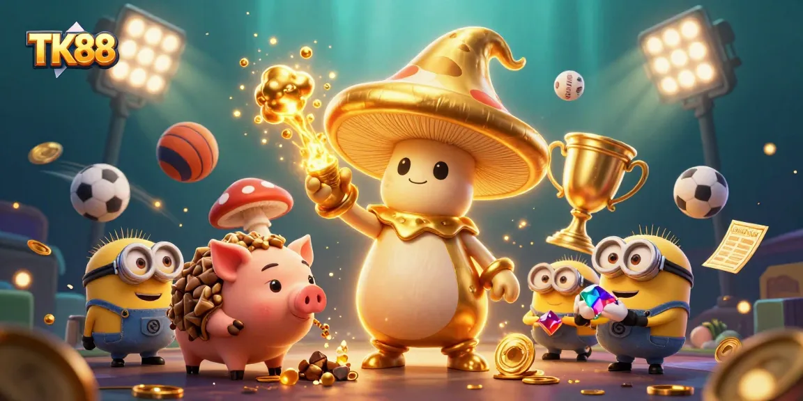 Bet big with TK88 in a vibrant scene featuring a golden mushroom wizard and treasure-filled sports elements.