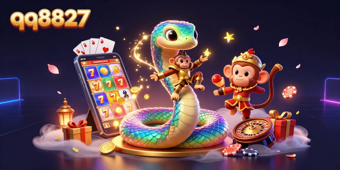 Experience the thrills of qq8827 with a vibrant 3D illustration of gaming action, including colorful slots and coins.