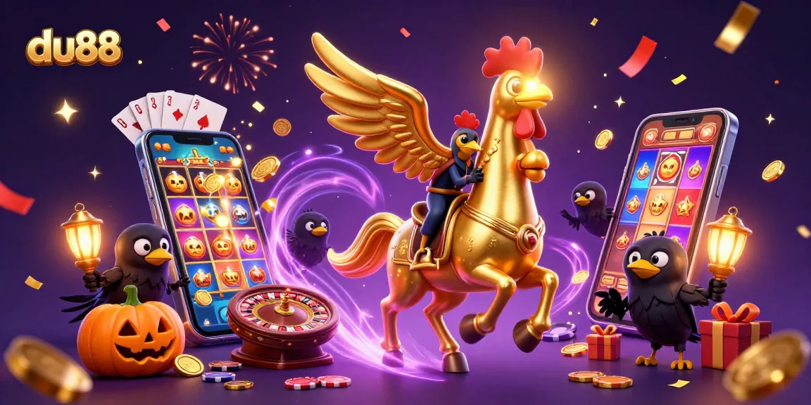 Experience the excitement of du88 with spinning slot reels and a golden rooster character.