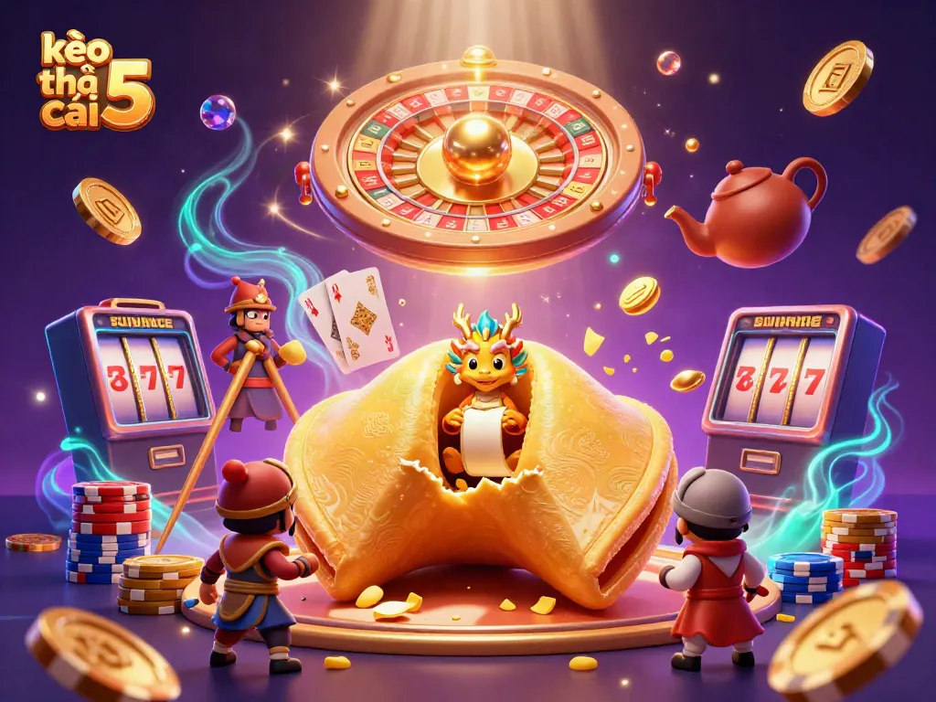 Experience thrilling action at kèo nhà cái 5 with a magical scene of golden fortune and wise dragon amidst gambling treasures.
