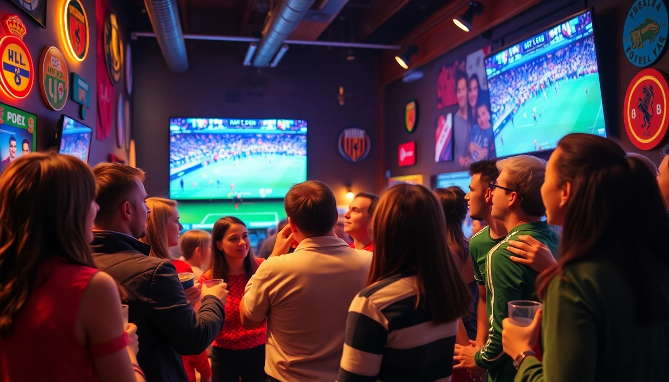 Live football fans enjoying games on Luong Sơn TV screens in a vibrant sports bar.