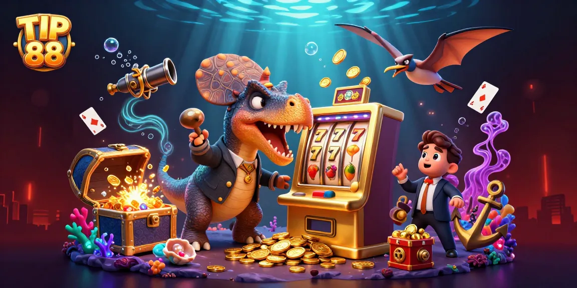 Experience TIP 88 with a cartoon dinosaur winning jackpots from a golden slot machine in a casino.
