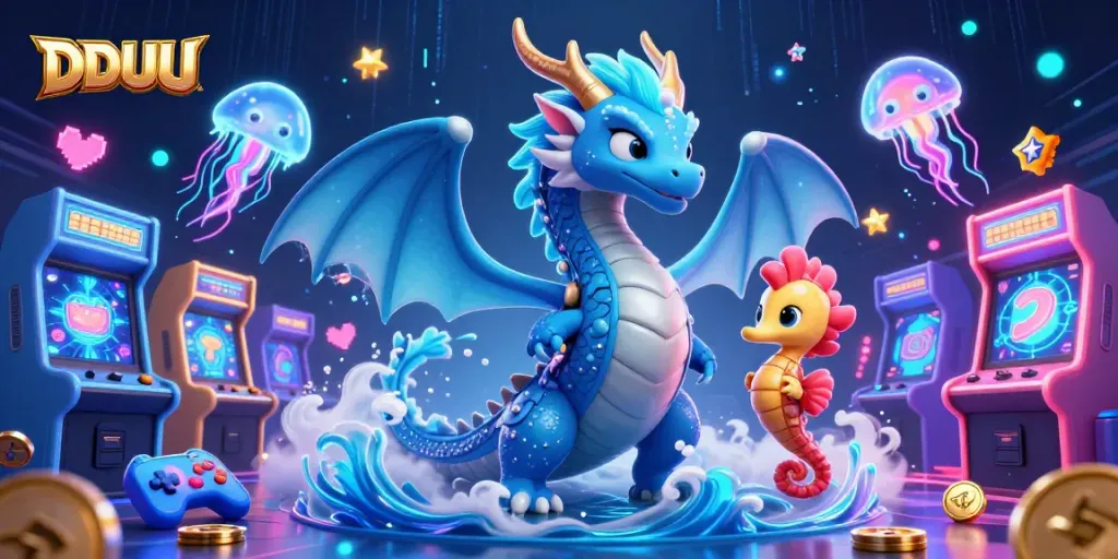 Engage in thrilling gameplay with DDUU, showcasing a vibrant casino scene with neon elements and magical characters.
