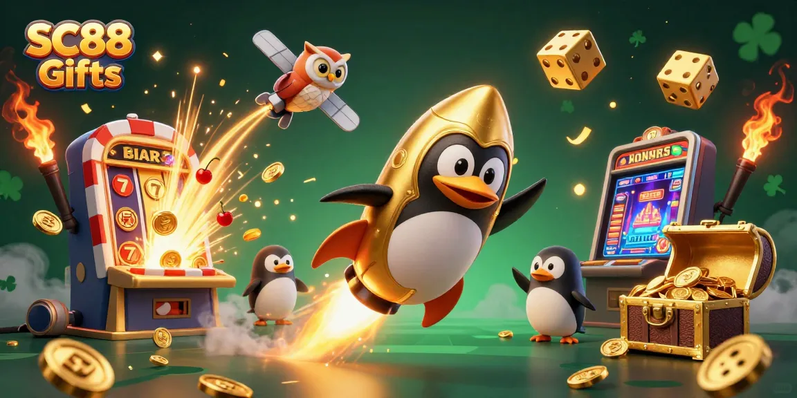 Experience exciting SC88 Gifts with a golden penguin in a vibrant casino-themed scene.