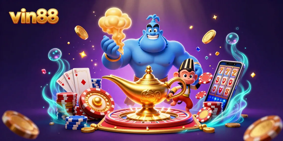 vin88 engages players with thrilling casino experiences in a vibrant 3D illustration.