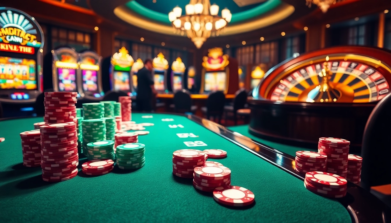 Players enjoying a vibrant SHBET casino experience with poker chips and roulette wheel.