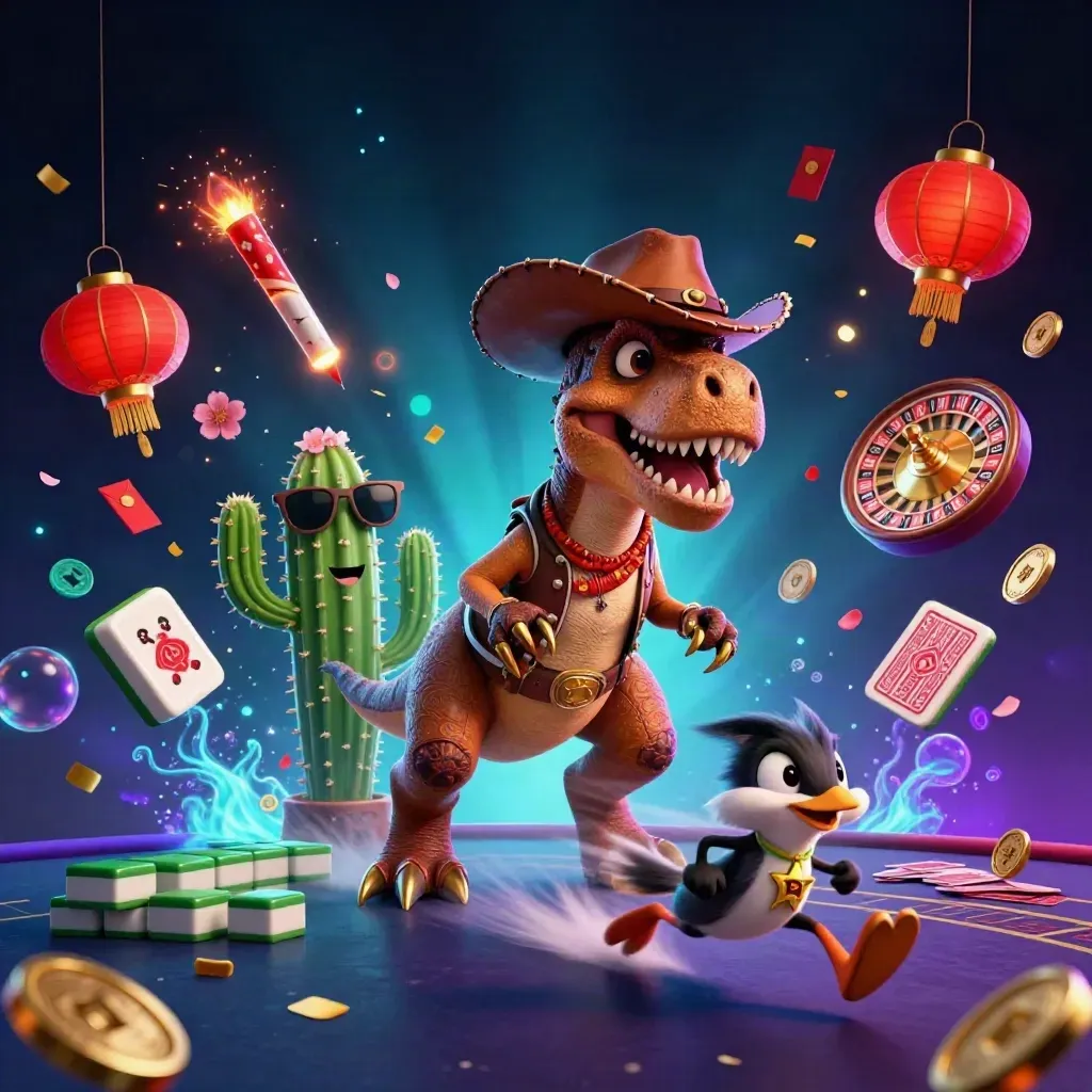 T-Rex cowboy 3D com cacto e roadrunner entre símbolos de cassino neon.