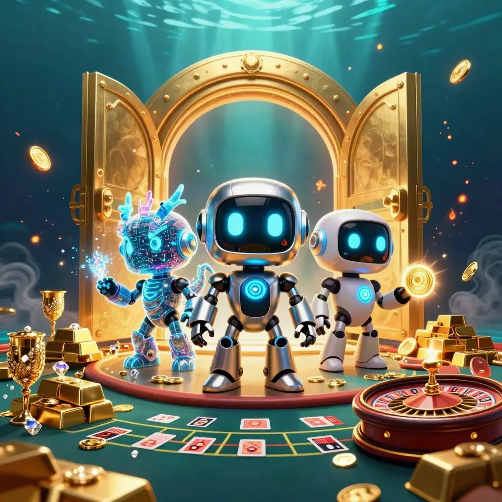 Robô, dragão holográfico e drone diante de cofre dourado, cartas e joias em clima luxuoso.