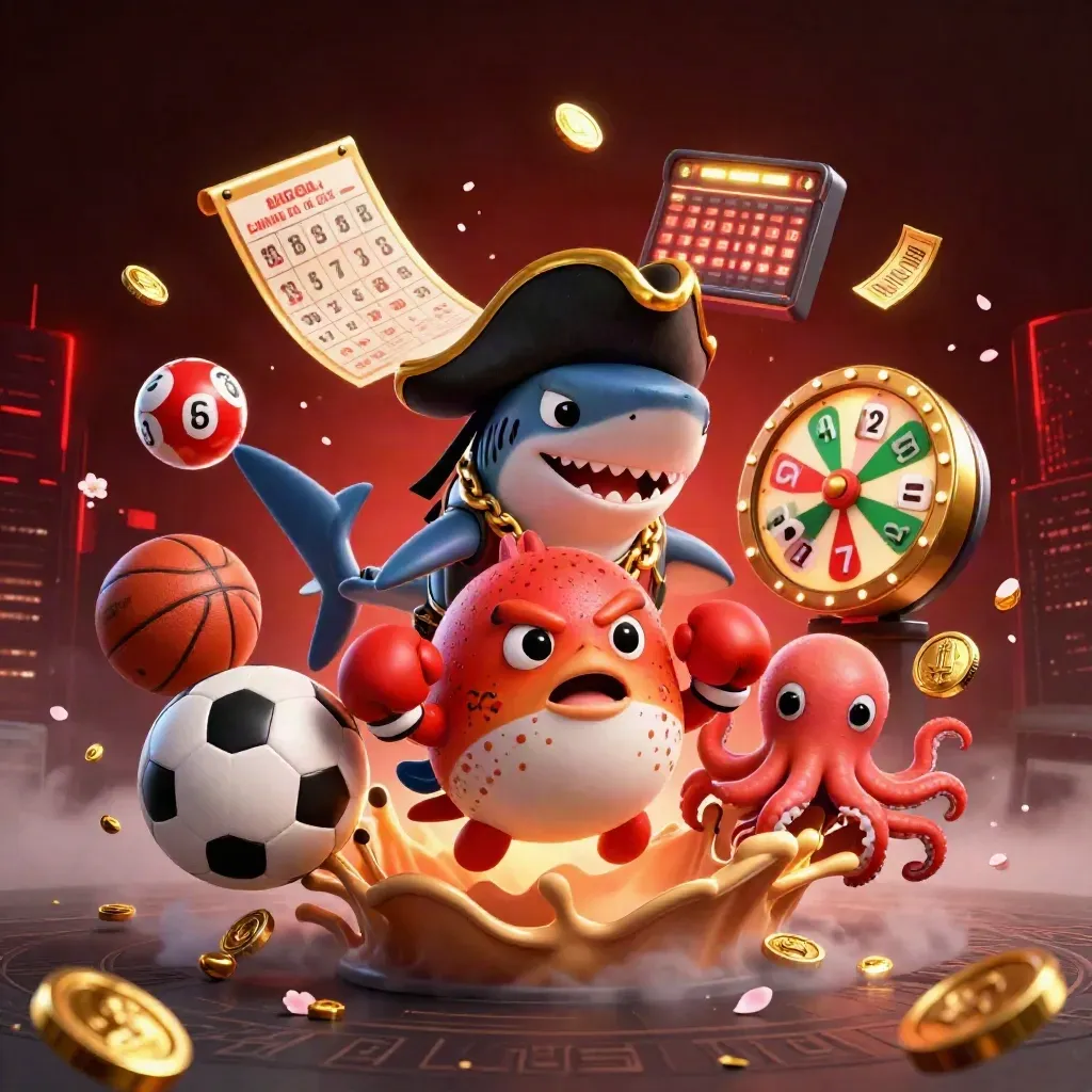 Tubarão pirata, baiacu boxeador e polvo bebê com moedas em ação, com bolas e luz neon.