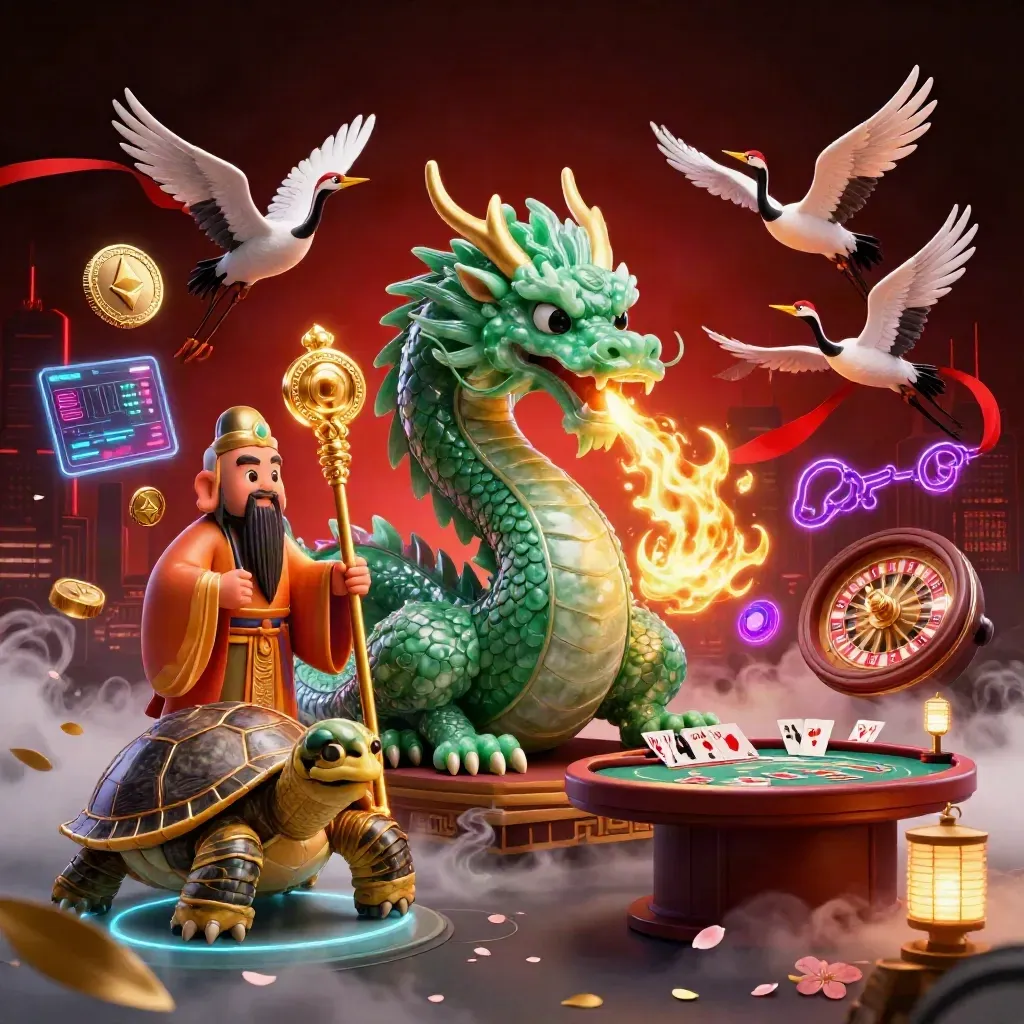 Dragão jade, tartaruga sábia e gruas em cassino neon com ouro, fumaça e moedas brilhando.
