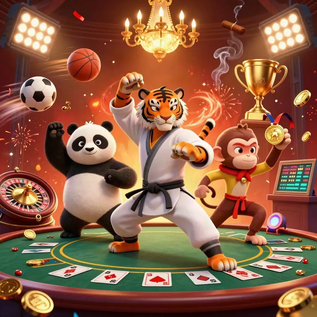 Tigre, panda e macaco em cassino neon com moedas, troféu e luzes vibrantes.