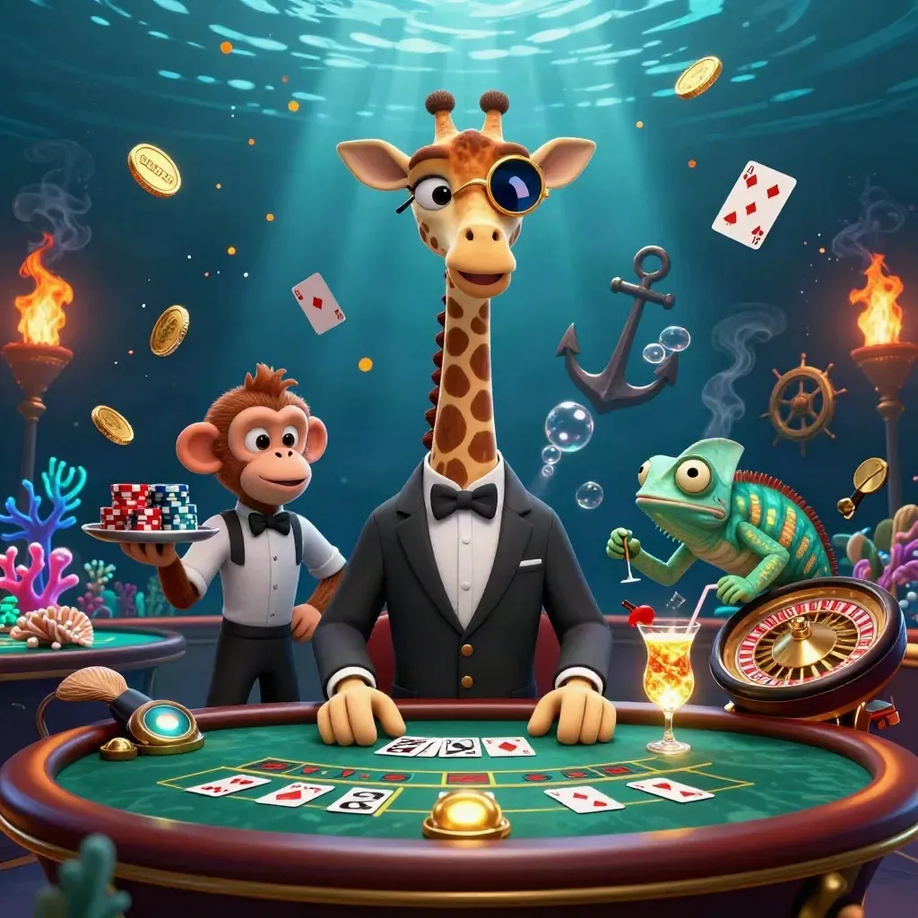 Girafa de terno, macaco e camaleão em mesa VIP submersa, ouro, coral e luz neon.
