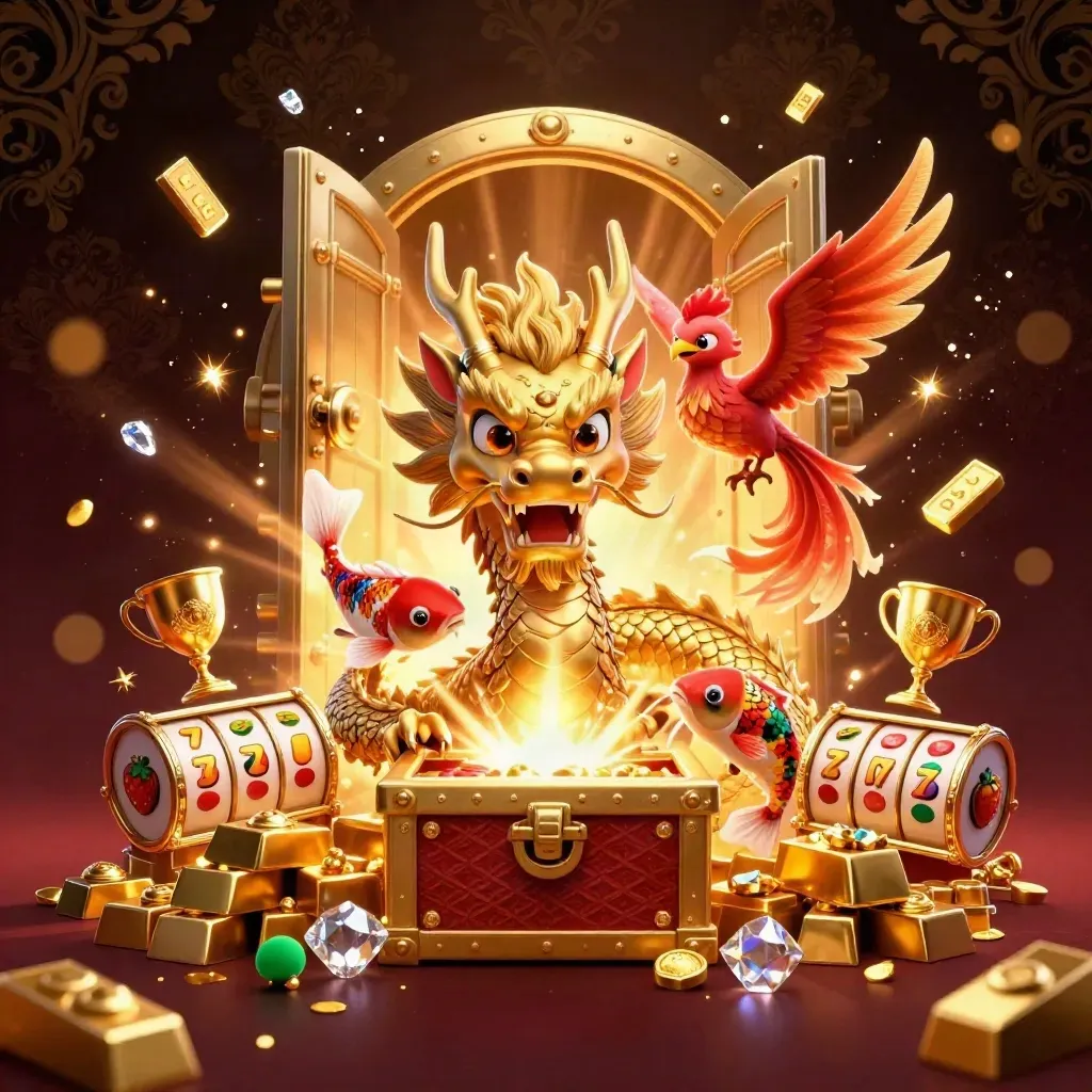 Dragão dourado com fênix e carpa, tesouro explodindo, luxo vermelho e dourado.