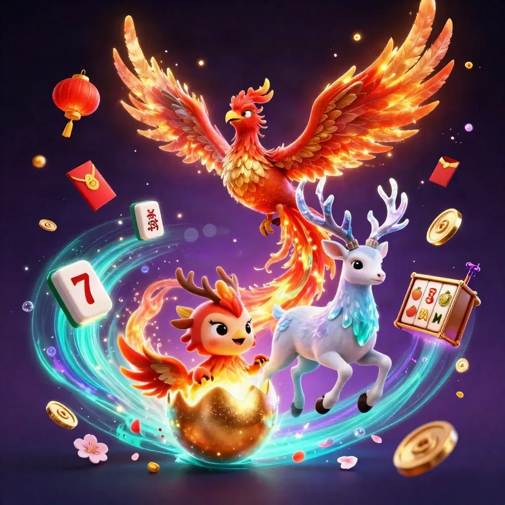 Fênix de fogo, cervo cristalino e filhote saindo do ovo dourado com explosões neon.